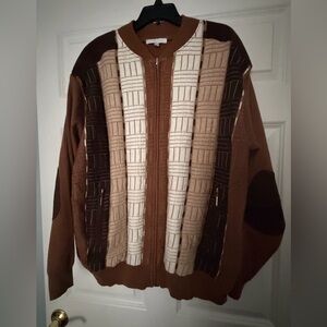 Silver Silk Men's Textured Brown and Cream Zip-Up Sweater Size XXL